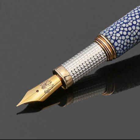 Artisan Fountain Pen Silver 925 18k Gold & Blue Stingray Leather