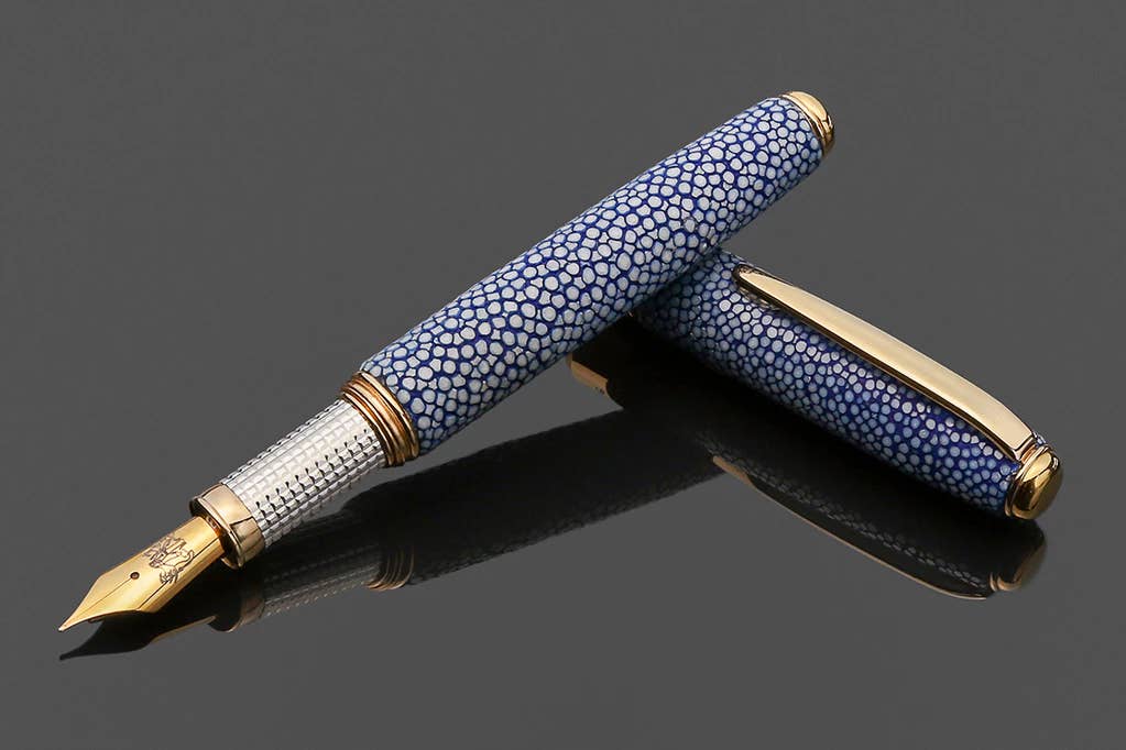 Artisan Fountain Pen Silver 925 18k Gold & Blue Stingray Leather